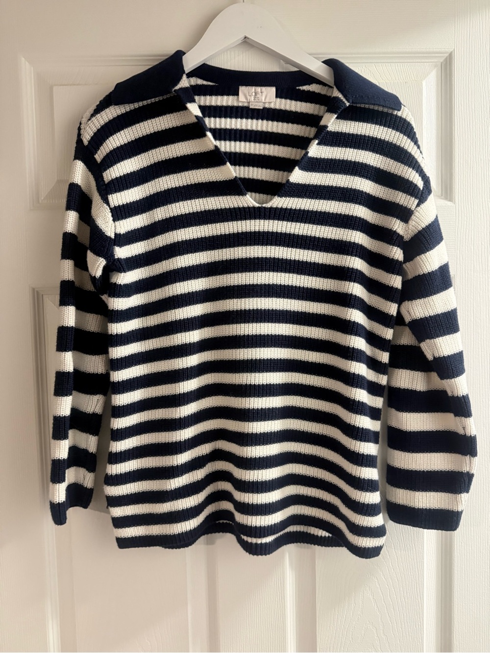 LOFT Navy & Ivory Striped Collared Sweater – 100% Cotton – Size S/P